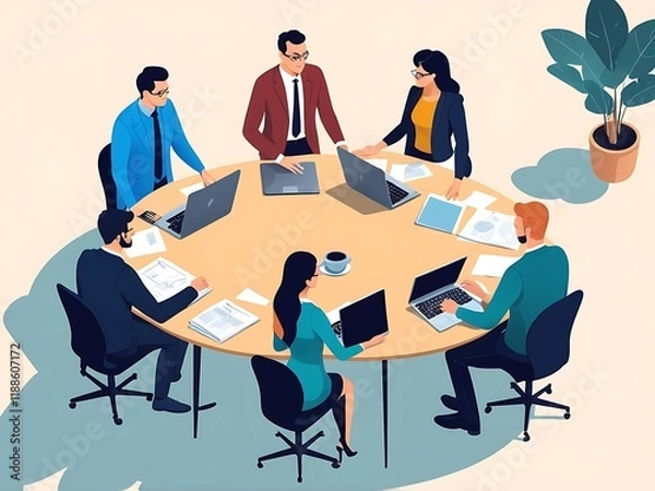 Fototapeta Business team collaborating in a modern office setting
