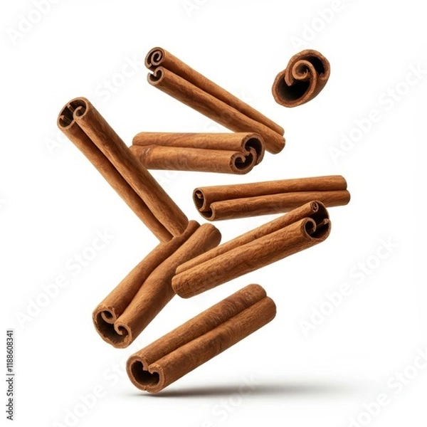 Obraz cinnamon sticks, floating, suspended in air, white background, brown spices, aromatic, culinary ingredients, macro photography, high detail, sharp focus, soft lighting, cinnamon powder sprinkles, rust