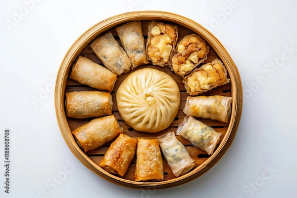 Fototapeta A bamboo steamer showcases Chinese dim sum, with a large bun surrounded by smaller dumplings arranged in a circular design. This delightful culinary display celebrates tradition and flavor.