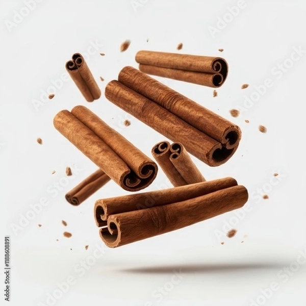 Obraz cinnamon sticks, floating, suspended in air, white background, brown spices, aromatic, culinary ingredients, macro photography, high detail, sharp focus, soft lighting, cinnamon powder sprinkles, rust