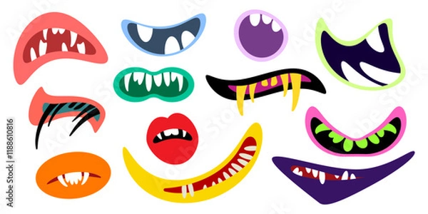 Obraz Funny cartoon monster mouth. Creature lips with teeth and fangs. Mouth masks for Halloween. Vector illustration isolated on white background.