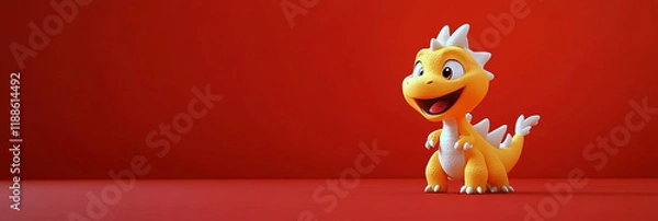 Fototapeta A cheerful dragon with a yellow body, white hair, and a joyful expression floats against a bold red background. Its charming cartoon style radiates playfulness, leaving room for text.