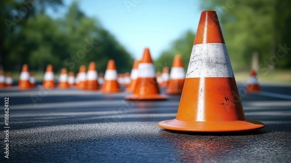 Fototapeta Orange traffic cones mark road construction zone. Clear day. Safety cones guide drivers. Roadwork ahead. Urban environment. Construction project underway. Traffic control in progress. Safety
