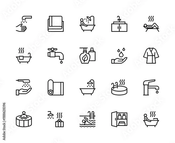 Fototapeta Showering and bathing related vector linear icons set. Contains such icons as hand washing, faucet, towel, shower and more.