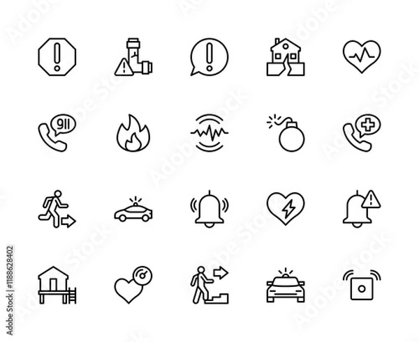 Fototapeta Emergency situation vector linear icons set. Contains such icons as attention, gas leak, bell, earthquake and more.