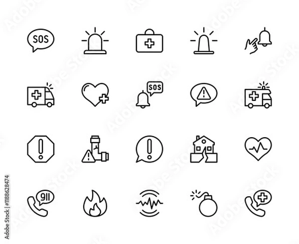 Fototapeta Emergency situation vector linear icons set. Contains such icons as SOS, siren, first aid, hazard alarm and more.
