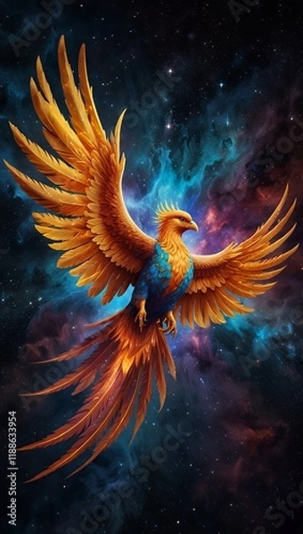Fototapeta A cosmic phoenix soars through a nebula, its feathers shimmering with galactic energy. Stars reflect in its radiant form as it leaves a trail of celestial fire.