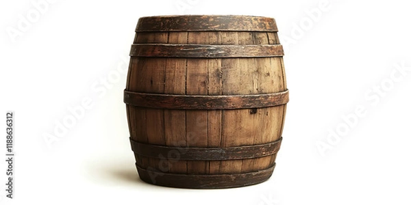 Fototapeta Wooden barrel placed on a large area of white space showcasing the natural wood texture, a design material with high-definition clarity, perfect composition, and amazing details captured with master 