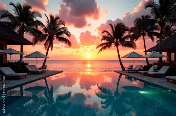 Fototapeta A magnificent sunset outdoors over an infinity pool, a summer beach resort, a tropical landscape. A wonderful, peaceful beach vacation. Stunning sunset view on the island, palm trees. Summer