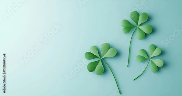 Fototapeta Three cute, cartoon-style shamrock leaves sit on a light blue background, in a playful, flat-lay arrangement. Bright colors and soft lighting create a cheerful design, ideal for seasonal celebrations.