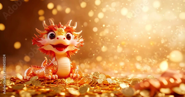 Fototapeta A playful cartoon Chinese dragon sits atop a pile of gold coins, surrounded by golden ingots. The blurred background and festive Lunar New Year elements enhance the celebration.
