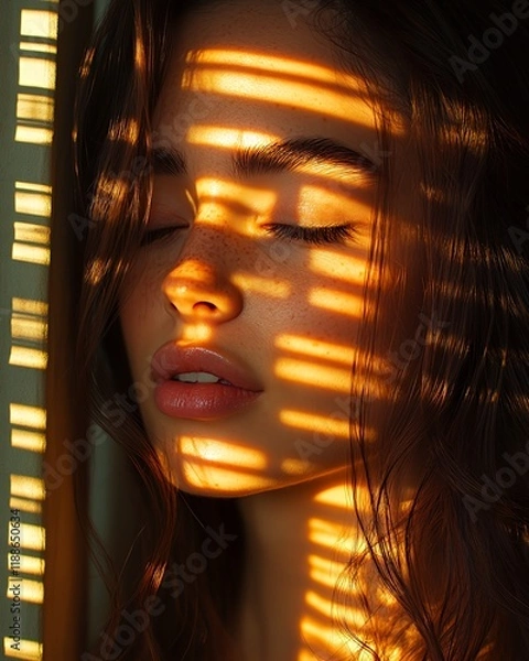 Fototapeta Sunlight Streaming Through Blinds Casts Intricate Patterns on a Woman's Face, Highlighting Her Features in a Serene Moment of Contemplation