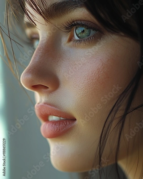 Obraz Close-up of a Young Woman With Striking Green Eyes and Soft Features Illuminated by Natural Light During Late Afternoon