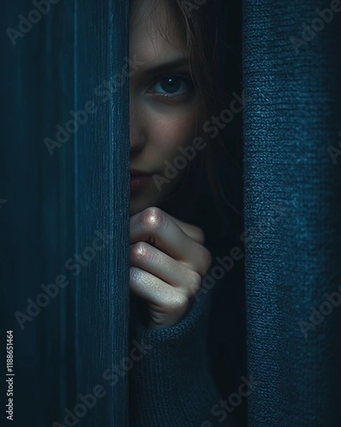 Obraz Close-up of a Woman Peering Through a Curtain With a Focused Expression, Creating an Atmosphere of Mystery and Intrigue During Twilight