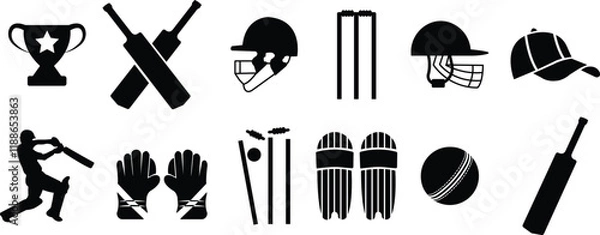 Fototapeta Cricket related icon set. Cricket game vector collection isolated on transparent background. Ball, Bat, gloves, best man, helmet, wicket, cup trophy and cap or more elements. Sports sign for web app