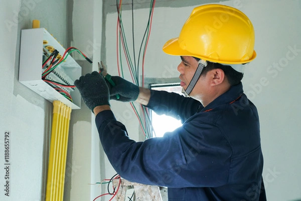 Fototapeta An electrician is using a device to check the electrical current for electrical installation in a home.