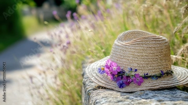 Fototapeta Elegant Straw Hat with Flowers on a Country Path