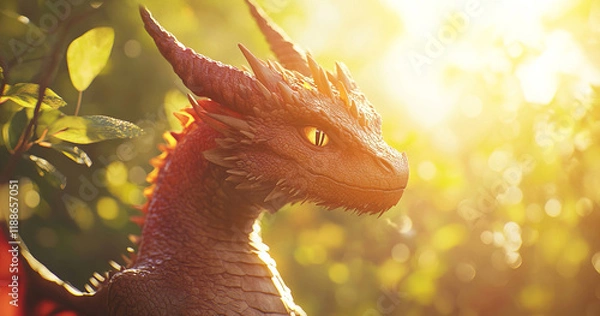Fototapeta A majestic cartoon dragon in warm sunlight, its vibrant scales and animated expression radiating life. The colorful background enhances the lively, fantastical essence of this scene.