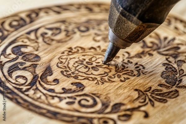 Fototapeta Intricate Wood Burning Design with Pyrography Tool in Action