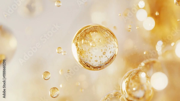 Fototapeta gold oil bubbles, cosmetic, serum, moisture, close up of a gold oil drops