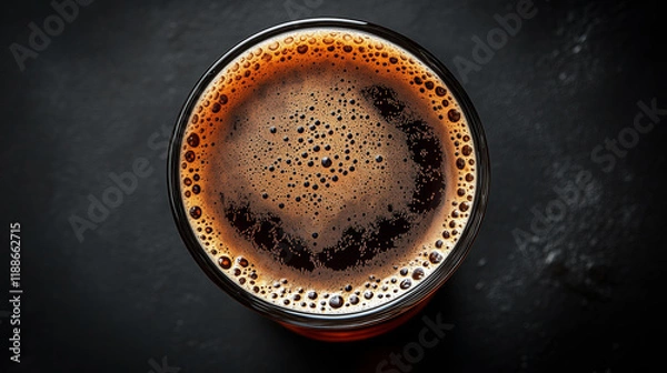 Fototapeta A full glass of dark beer with foam on a black background, top view, high-resolution photography, insanely detailed, fine details, isolated on a solid black background, stock photo