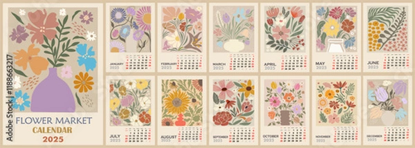 Fototapeta Floral calendar template for 2025 . Vertical design with Flower Market retro posters. Vector illustration page template A3, A2 for printable wall monthly calendar. Week starts on Sunday.