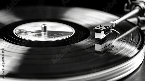Fototapeta Vinyl record spinning action closeup on turntable in home studio setting capturing the sound experience