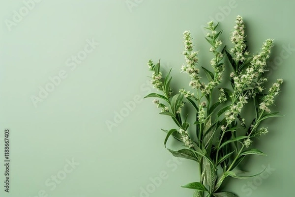 Fototapeta An above perspective and a close-up of A bunch of the ragweed on a stark white background with a large content area for backdrop or textual usage, Generative AI.