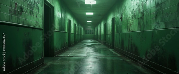 Fototapeta A long and empty hospital hallway with green walls, dirty concrete floors, peeling paint on the walls, and dim lighting, evoking a horror movie atmosphere, realistic and cinematic in style.