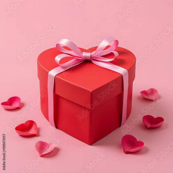 Fototapeta Red heart shaped gift box with pink ribbon and rose petals on pink background for Valentine's Day.