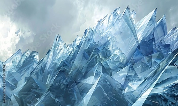 Fototapeta Crystalline mountain peaks with dynamic blue and gray tones and shimmering reflections