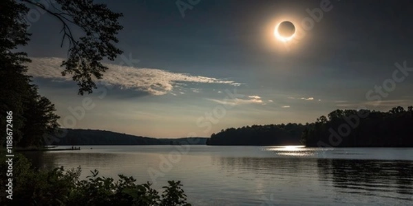 Fototapeta A rare and awe-inspiring moment captured above the serene surface of a lake during a total solar eclipse, lake, solar eclipse, day, cloud, atmosphere