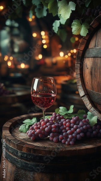 Fototapeta A red wine glass and grapes on an old wooden barrel background with copy space for your text or design. Wine production concept. Vintage-style winery. 