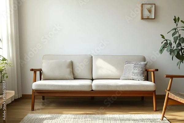 Fototapeta Spacious and modern Scandinavian living room with a mid-century sofa, wooden floor, soft carpet, and minimal white walls.