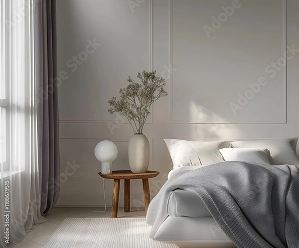 Fototapeta Aesthetic elegant minimalist modern interior design. Clear mock up empty wall for decoration in the apartment. Copy space in the room. Neutral palette of natural colors.