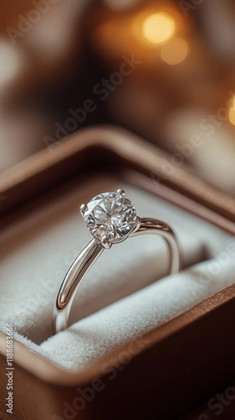 Fototapeta Elegant, white gold ring with a large diamond in a jewelry box, on the table, blurred background, close-up shot, professional photography, studio lighting, soft light, high-quality photo, sharp focus