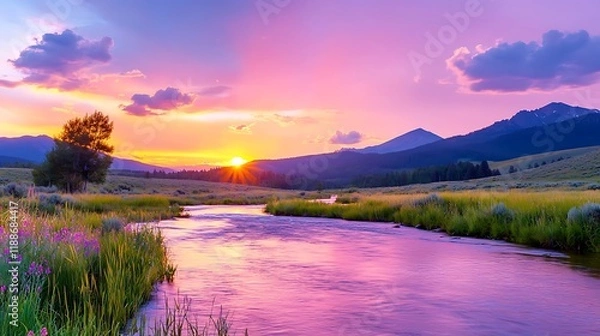 Fototapeta Sunset over Mountain River