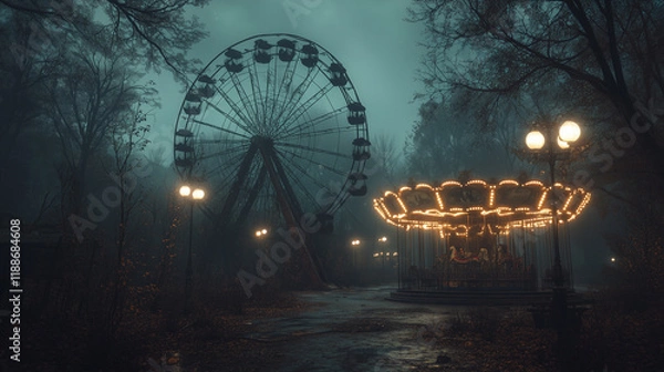 Fototapeta Ferris wheel, old carousel, and illuminated street lamps in an abandoned amusement park surrounded by foggy trees. Scary fantasy game background, concept art. Dark fantasy game, gothic horror. Horror.