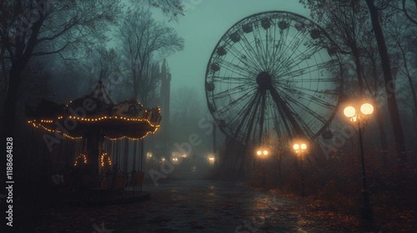 Fototapeta Ferris wheel, old carousel, and illuminated street lamps in an abandoned amusement park surrounded by foggy trees. Scary fantasy game background, concept art. Dark fantasy game, gothic horror. Horror.