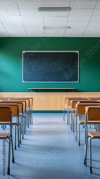 Fototapeta High school classroom with a blackboard and desks, green wall background. Interior of an empty high school class with a chalkboard in front view. Back-to-school concept.