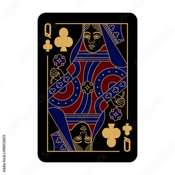 Fototapeta Queen of Clubs Poker playing card isolated on white background. Black, gold, blue and red color design. Vector illustration.