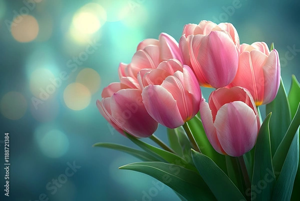 Fototapeta Pink tulips bouquet, bokeh background, spring, greeting card