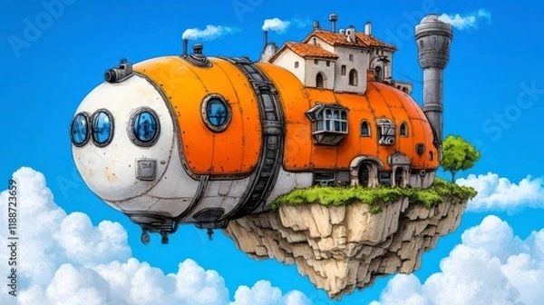 Fototapeta Airship Home: Floating house in the sky, serene cloudscape.