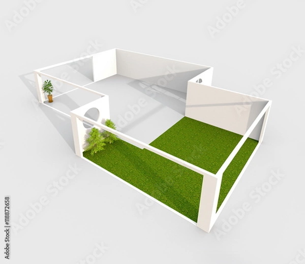 Fototapeta 3d interior rendering of empty room with green patio