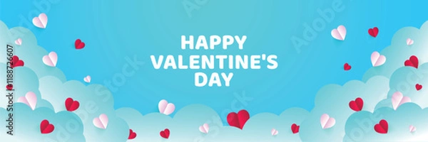 Fototapeta Valentine's Day concept frame. Vector illustration. 3d pink and white paper hearts on a geometric background. Cute love sale banner or greeting card	