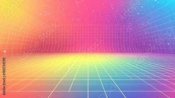 Fototapeta Colorful retro grid background with rainbow gradient and glowing stars.