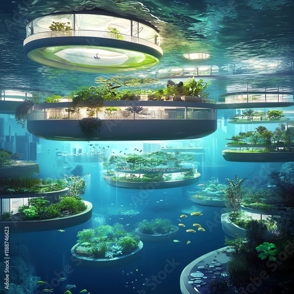 Fototapeta Futuristic underwater city concept.  Sustainable floating habitats with lush vegetation and marine life.  A vision of innovative ocean architecture.