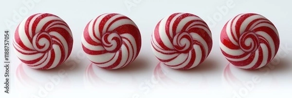 Fototapeta Four red, white peppermint candies isolated on white background. Colorful swirl design. Sweet holiday treat. Perfect for celebrations, festive occasions. Ideal for party supplies as gift. Delicious,