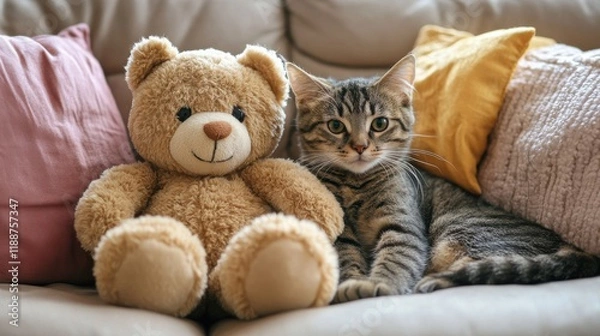 Fototapeta Cute Cat and Teddy Bear on Sofa