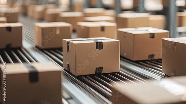 Obraz Cardboard Boxes on Conveyor Belt in Warehouse